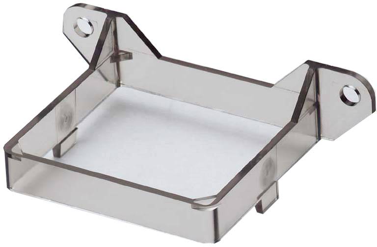 Un support rectangulaire en plastique transparent avec deux pattes de fixation latérales et un bord légèrement surélevé.