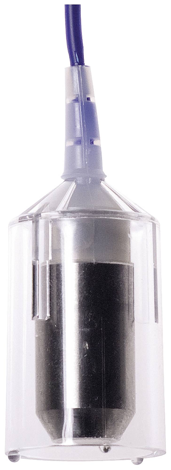 Un récipient transparent avec un cylindre intérieur noir et une connexion de câble bleue sur le dessus, probablement un dispositif technique.