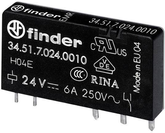 Relais noir et blanc de Finder, référence 34.51.7.024.0010, fabriqué dans l'UE. Tension 24V, intensité 6A, tension 250V.