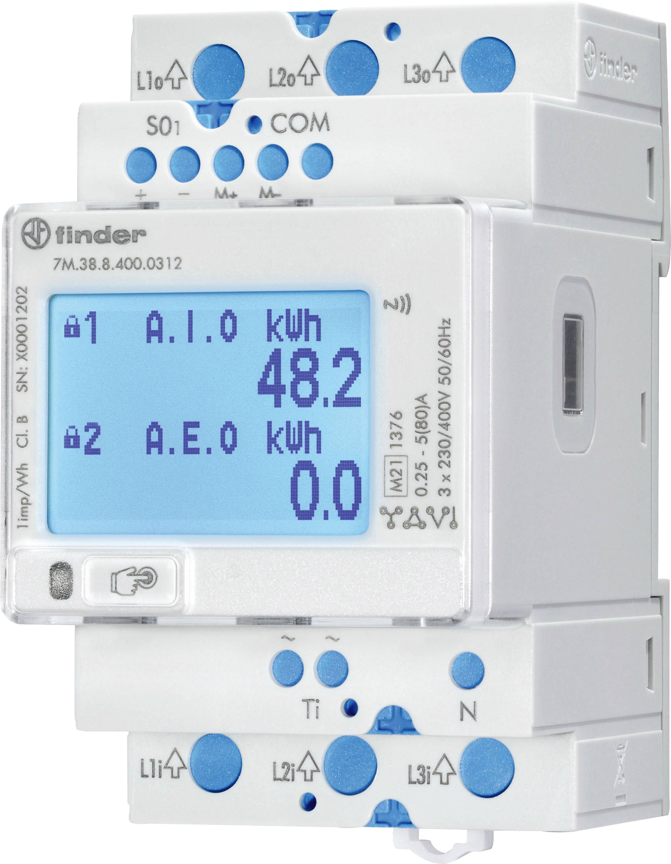 Un compteur électrique numérique avec écran affiche 'A.I.0 48,2 kWh' et 'A.E.0 0,0 kWh'. Surface blanche avec des éléments bleus.