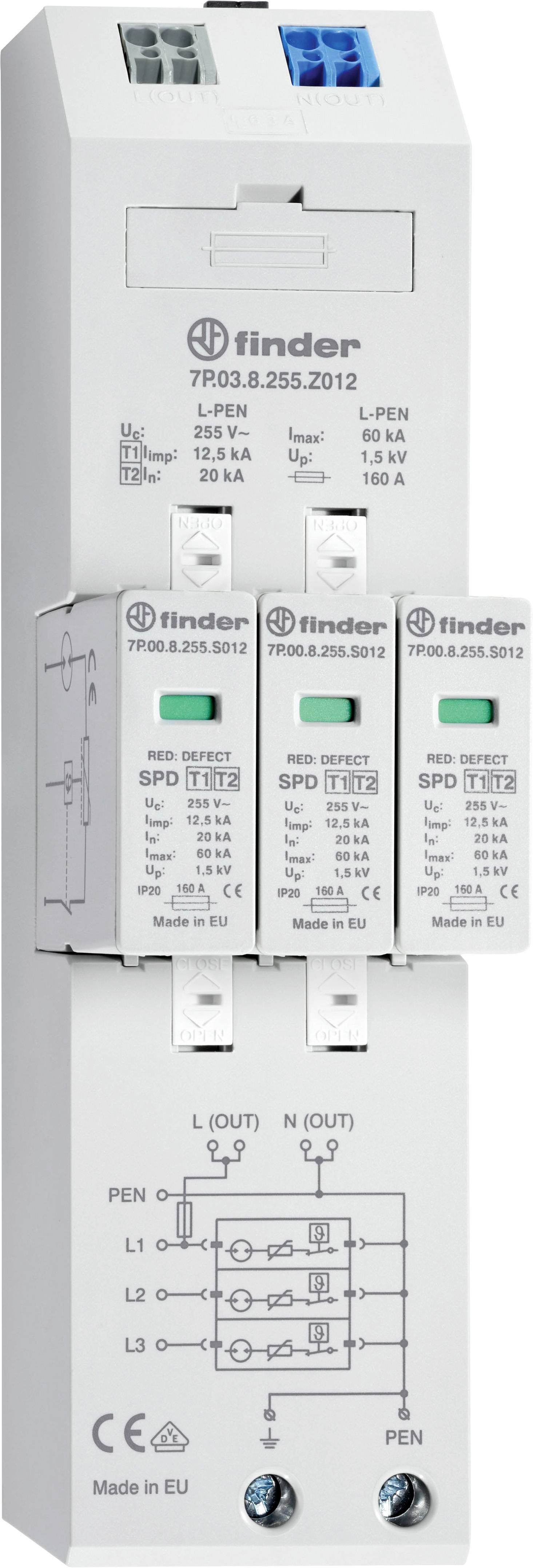 Dispositif de protection contre les surtensions de Finder avec plusieurs modules, voyant de fonctionnement vert et schéma de raccordement électrique.