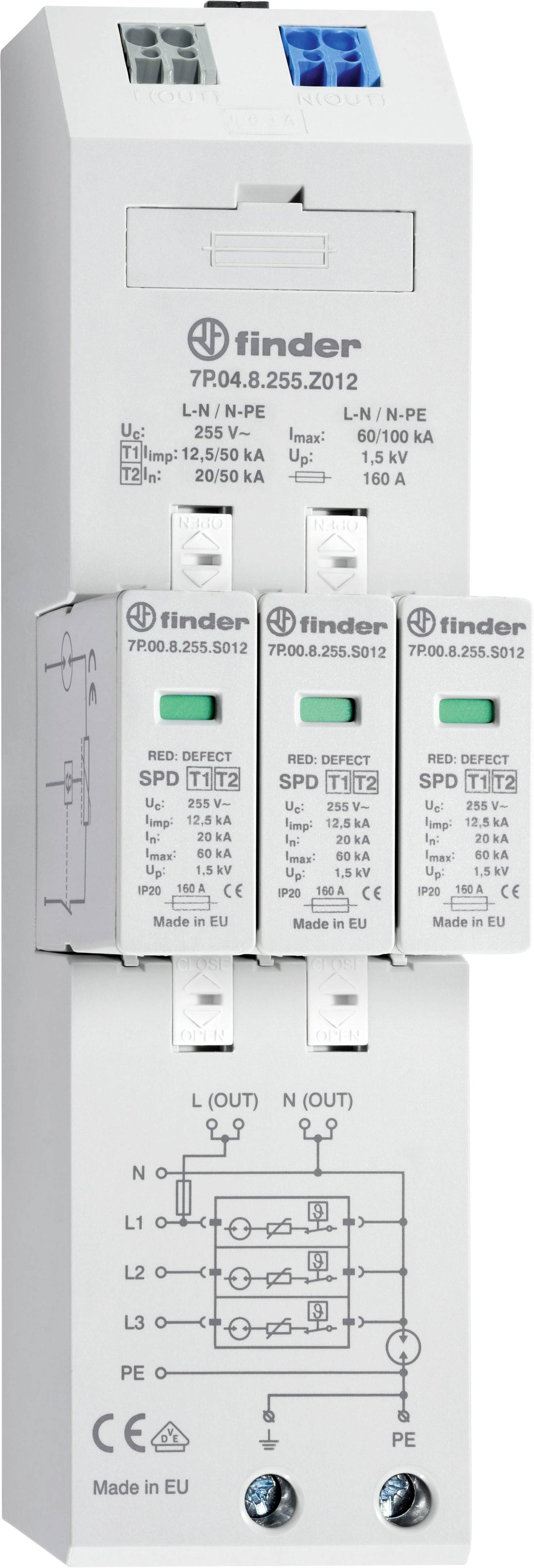 Dispositif de protection contre les surtensions de Finder, modèle 7P.04.8.255.Z012, avec plusieurs modules de protection pour alimentation électrique triphasée, Fabriqué dans l'UE.