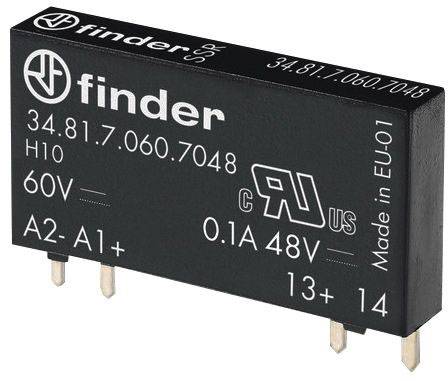 Relais électronique avec étiquette : 'Finder 34.81.7.060.7048', '60V', '0.1A 48V'. Présente les bornes A1, A2, 13, 14.