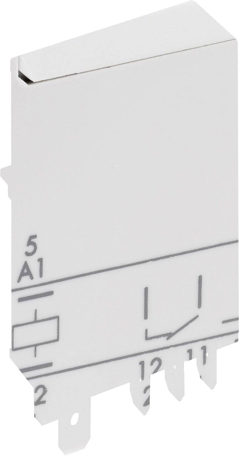 Module de relais électrique blanc avec cinq broches de contact, portant l'inscription 'A1', '5', '2', et des symboles de commutation sur la face avant.