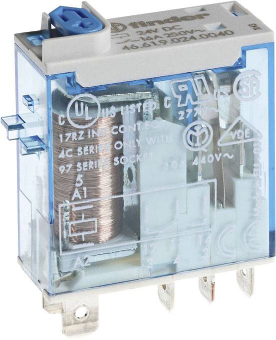 Relais bleu avec une enveloppe transparente en plastique, montrant la bobine interne et les connexions. Modèles, tension et informations symboliques visibles.