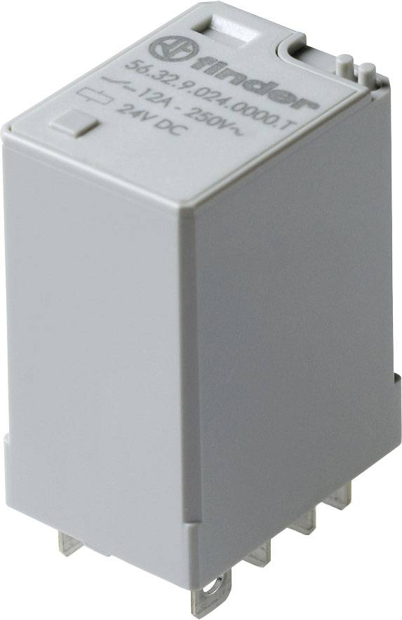 Un relais Finder gris portant l'inscription '36.32.9.024.0000.7', avec une tension nominale de 24V DC et un courant de 12A.