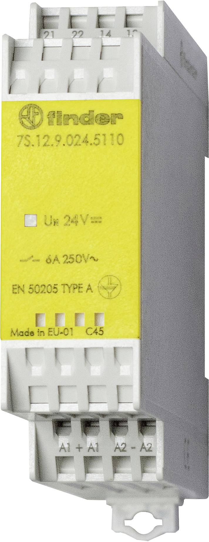 Module relais de Finder portant l'inscription « 7S.12.9.024.5110 ». Il présente un marquage jaune : « 6A 250V~ », « EN 50205 TYPE A ».