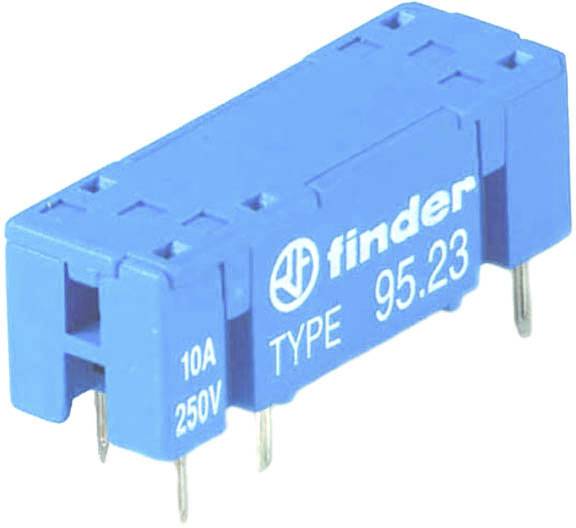 Un connecteur de relais électrique bleu avec l'inscription 'Finder Type 95.23', '10A' et '250V'. Quatre broches métalliques sont visibles.