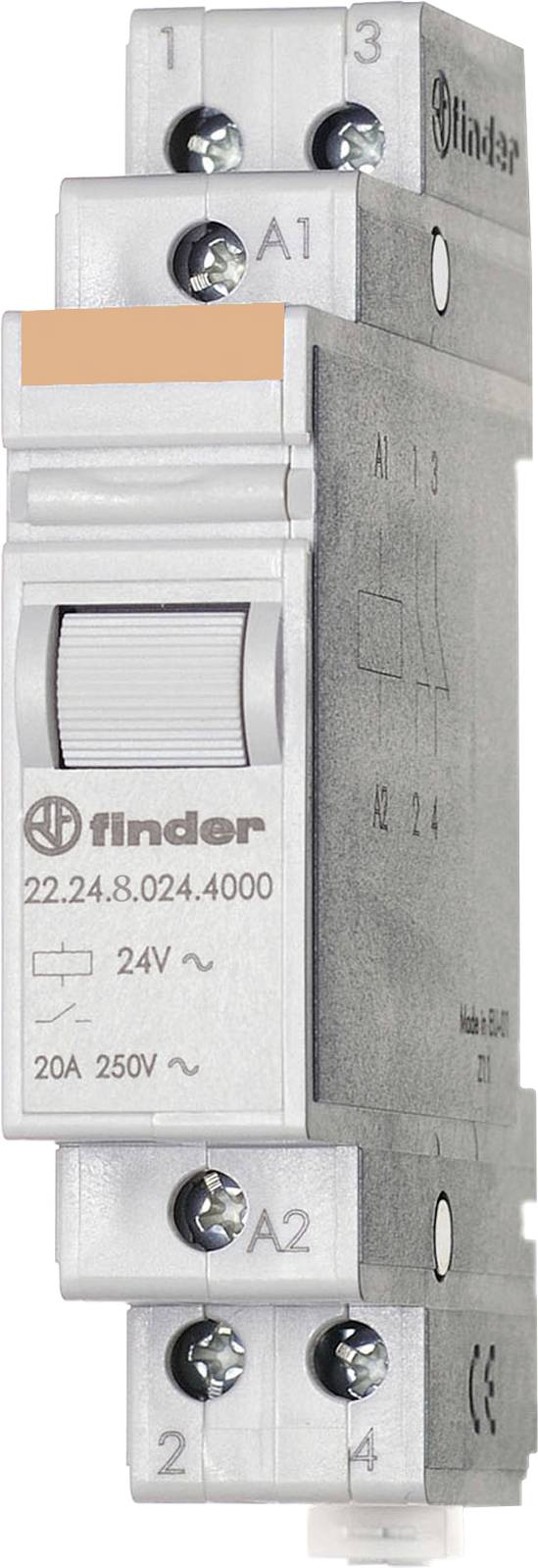 Relais électromagnétique de Finder avec impression 22.24.8.024.4000, tension 24V, intensité de courant 20A, tension 250V~, en vue latérale.