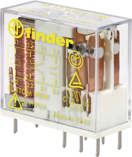 Un relais Finder transparent avec impression jaune indique les connexions électriques et les spécifications. Les couleurs principales sont le cuivre et le blanc.
