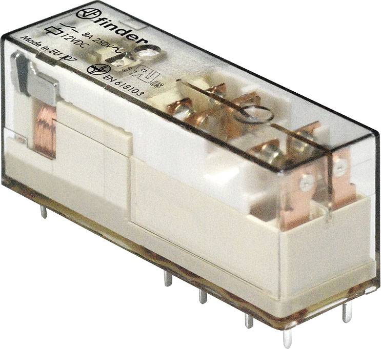 Un relais électromagnétique transparent avec broches métalliques et bobine en cuivre. Marque : Finder. Adapté aux applications électroniques.