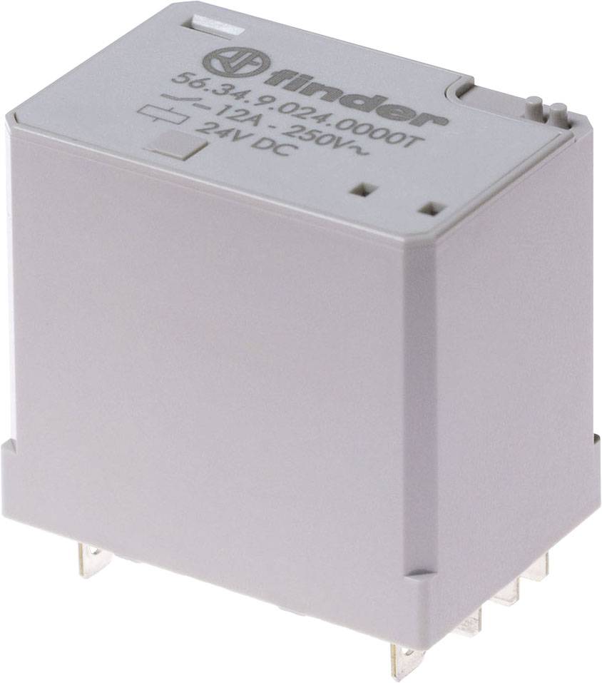 Un relais électronique gris portant l'inscription 'Finder 56.34.9.024.0000T – 5-12A, 250V, 24V DC'.