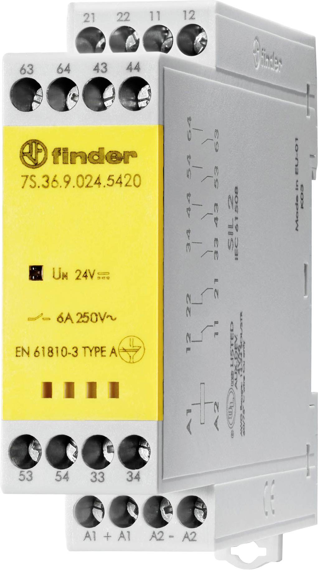 Un module relais gris et jaune avec des caractéristiques techniques. Il affiche les numéros de marque et de modèle ainsi que les spécifications de tension.