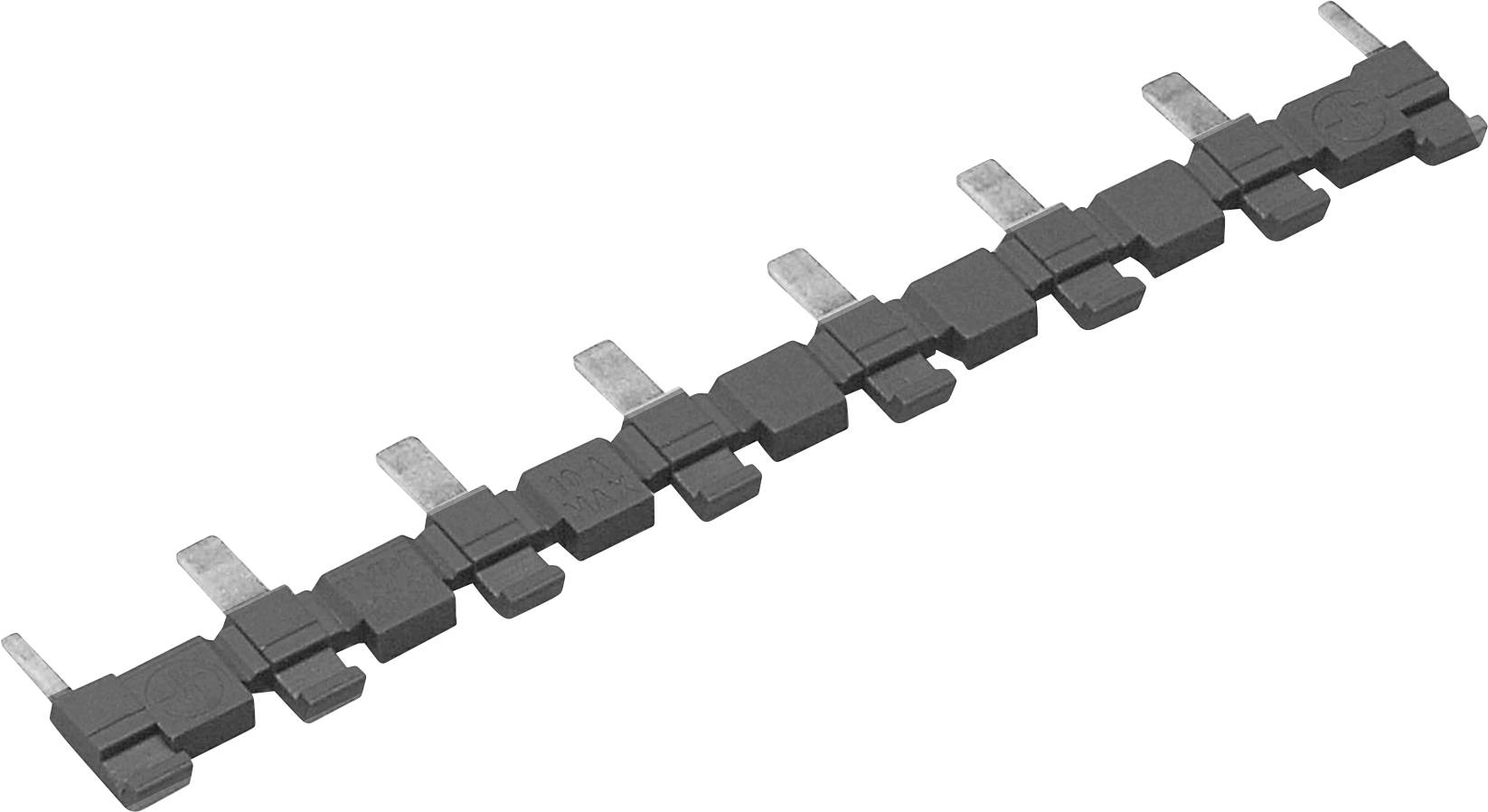 Une barrette électrique noire avec neuf bornes métalliques, disposées en ligne. Utilisée pour les connexions électroniques.