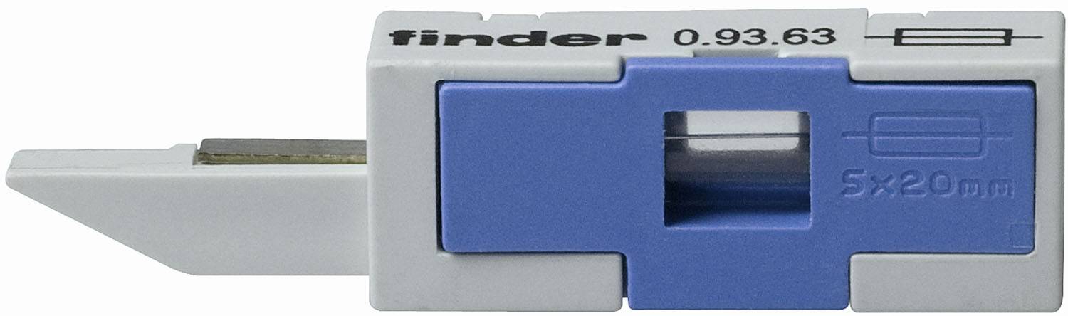 Fusible électrique dans support, étiquette 'finder 0.93.63', insert bleu transparent, taille 5x20 mm.