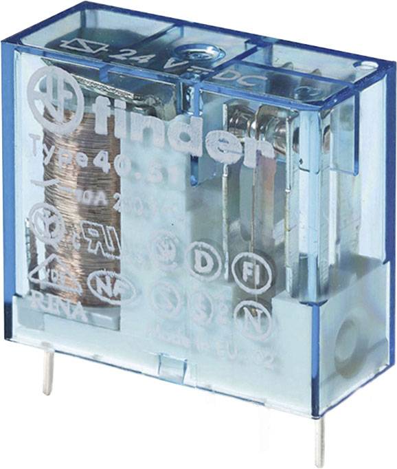 Un relais transparent bleu de Finder, type 40.51, avec broches métalliques et marquage. Adapté pour 10A et 250V, avec plusieurs symboles de certification.