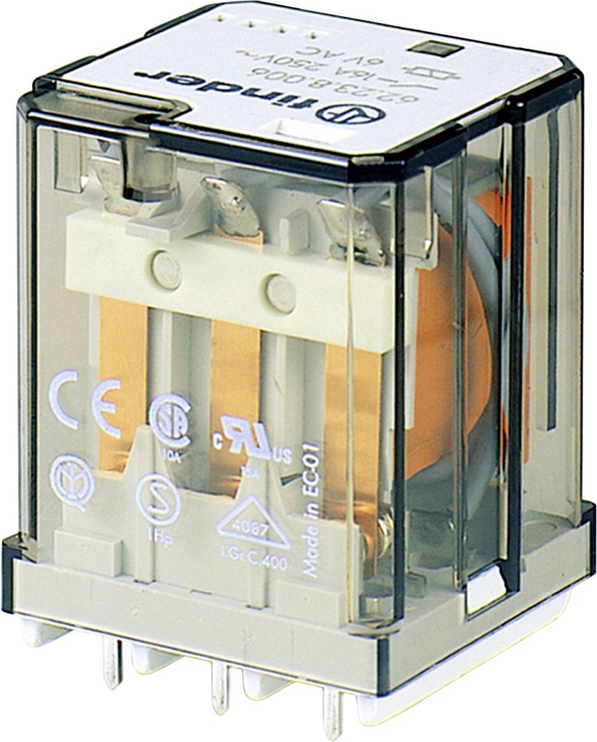 Boîte en plastique transparent contenant un relais électromagnétique avec des contacts métalliques. Le boîtier affiche des symboles techniques et des spécifications.