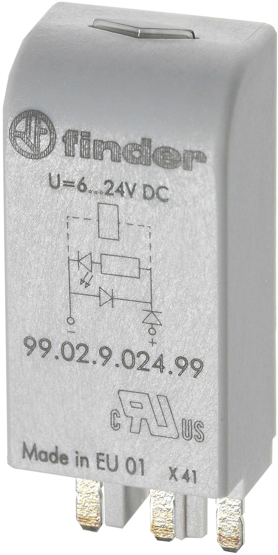 Un relais électrique gris portant la désignation 'Finder' et les spécifications 6-24V DC. Fabriqué dans l'UE.