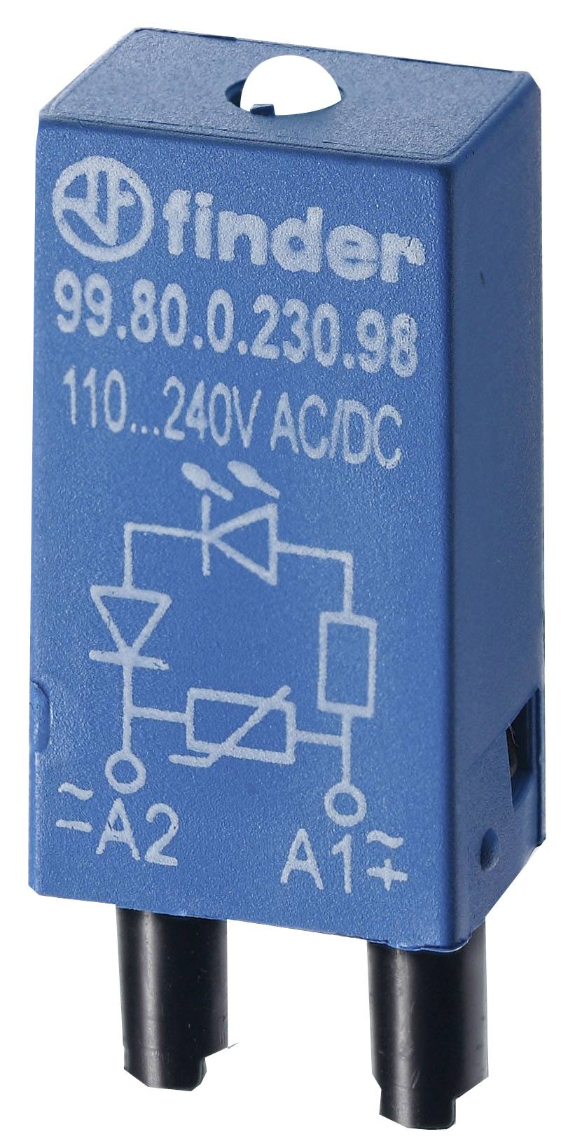 Un bloc de relais électrique bleu de Finder avec un schéma de connexion blanc et l'inscription : '99.80.0.230.98, 110...240V AC/DC'.