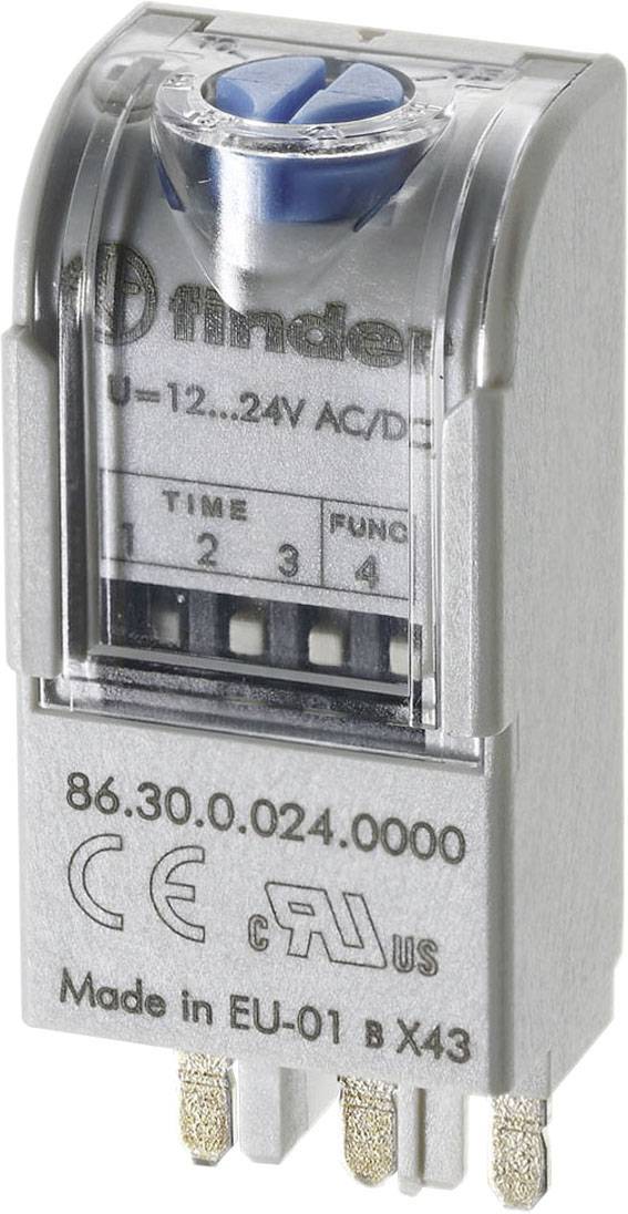 Relais électromécanique avec réglage bleu et rond en haut, quatre bornes en bas et identification du produit sur le devant.