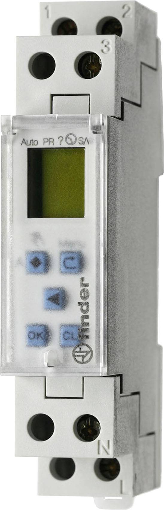 Un module d'horloge numérique dans un boîtier gris avec des touches bleues sur la façade et un petit écran.