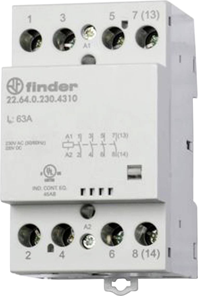 Un modèle de relais Finder 22.64.0.230.4310 blanc avec huit bornes et des étiquettes pour les connexions électriques. Adapté pour une charge de 63A.