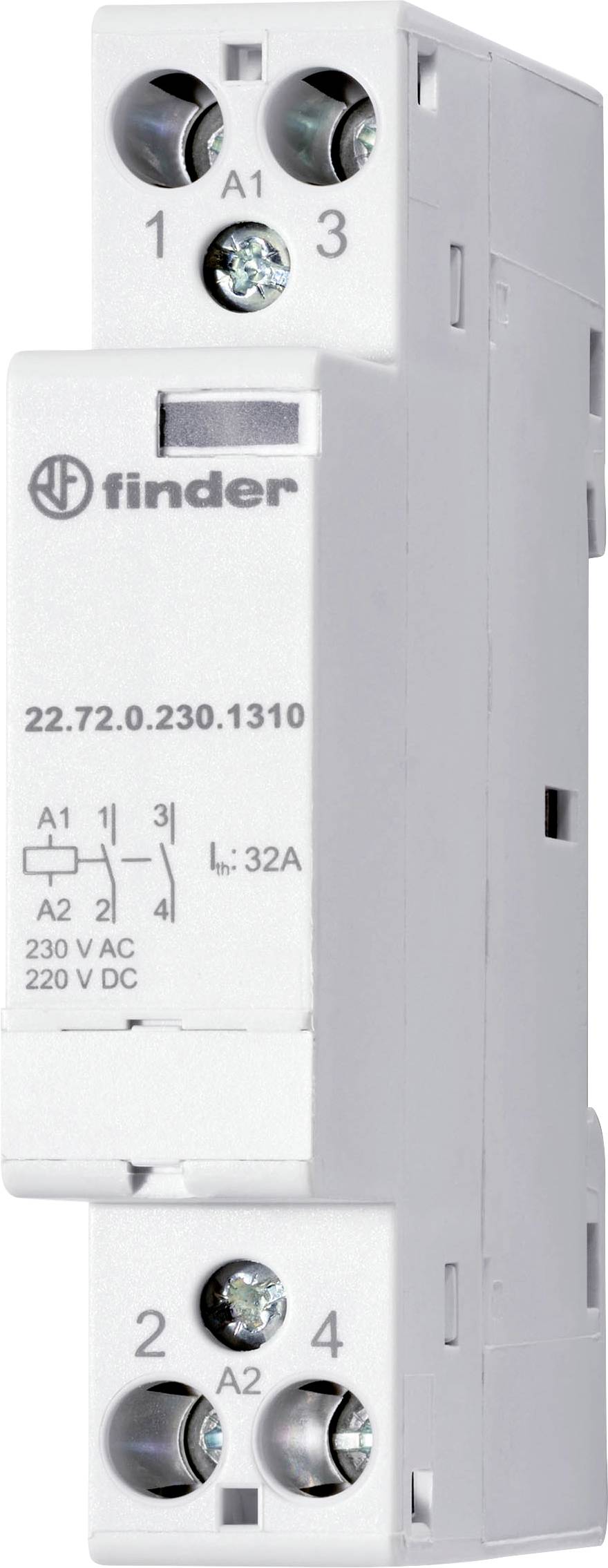Un relais électrique blanc de Finder. Il dispose de connexions en haut et en bas et convient pour 230 V AC et 220 V DC.
