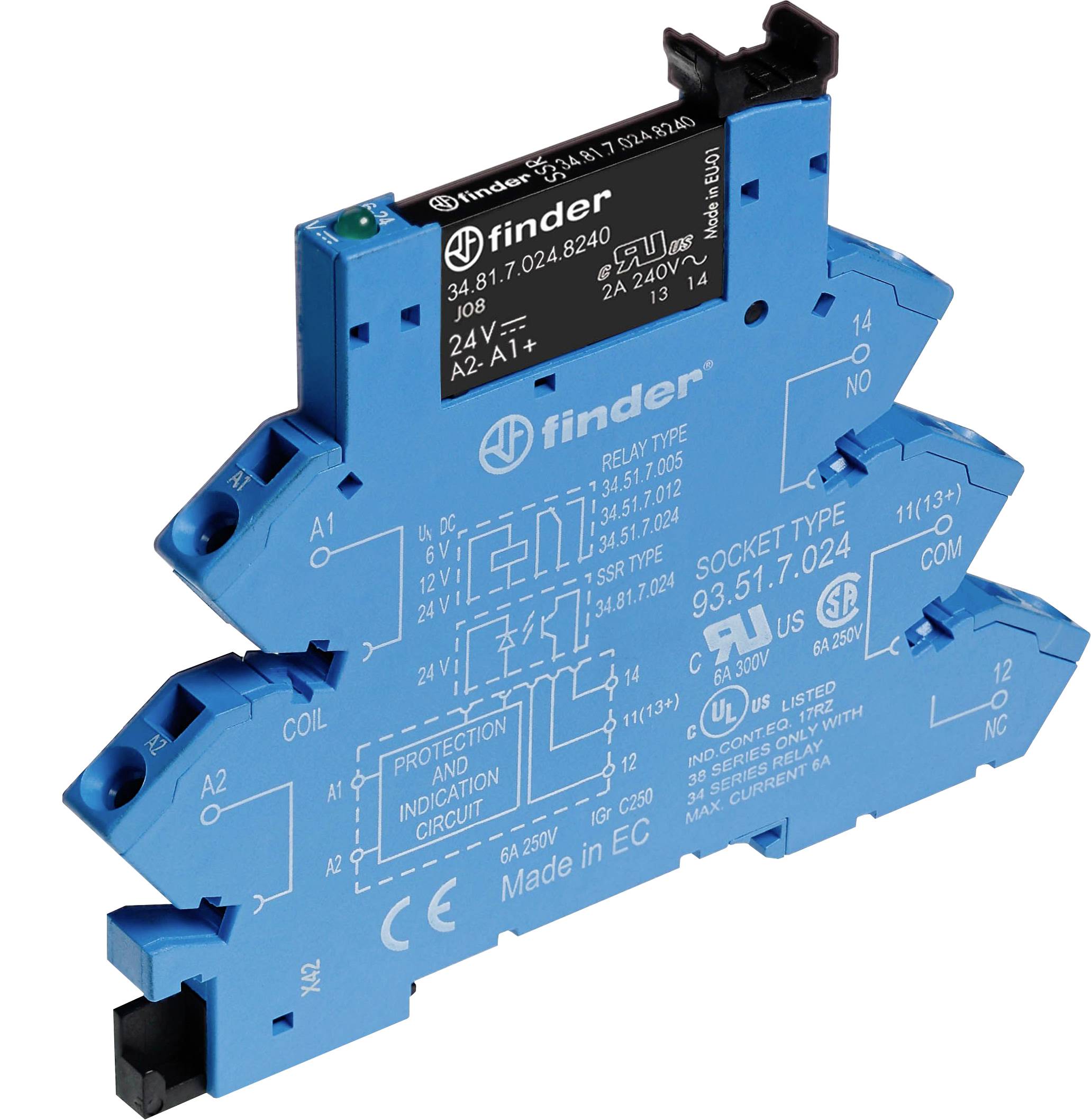Module relais bleu de Finder, modèle 34.81 avec inscription. Il indique des détails techniques tels que la tension 24V AC/DC, type de socle 93.51/7.024.
