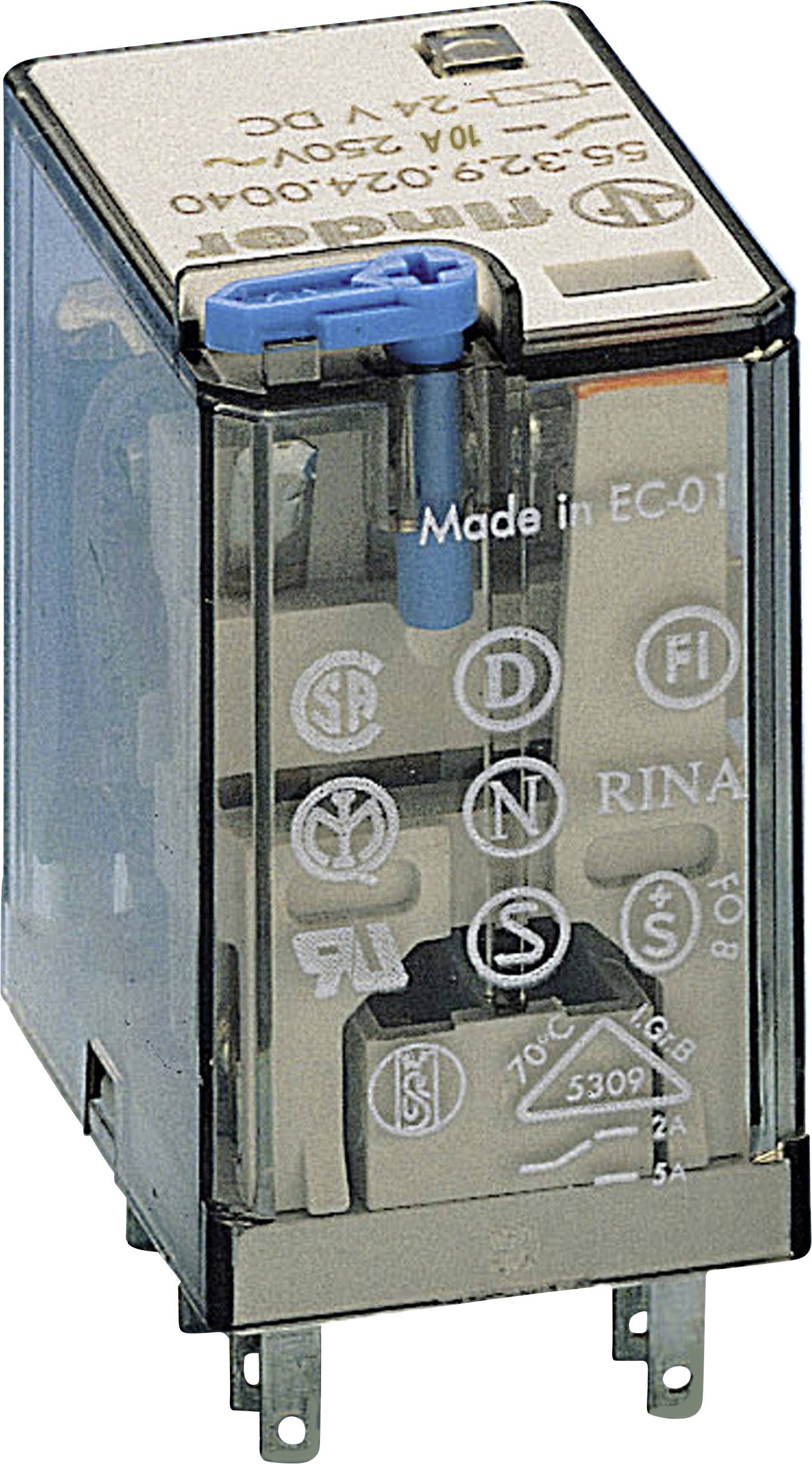 Un relais transparent portant divers symboles techniques et des indications de spécification électrique sur sa surface.