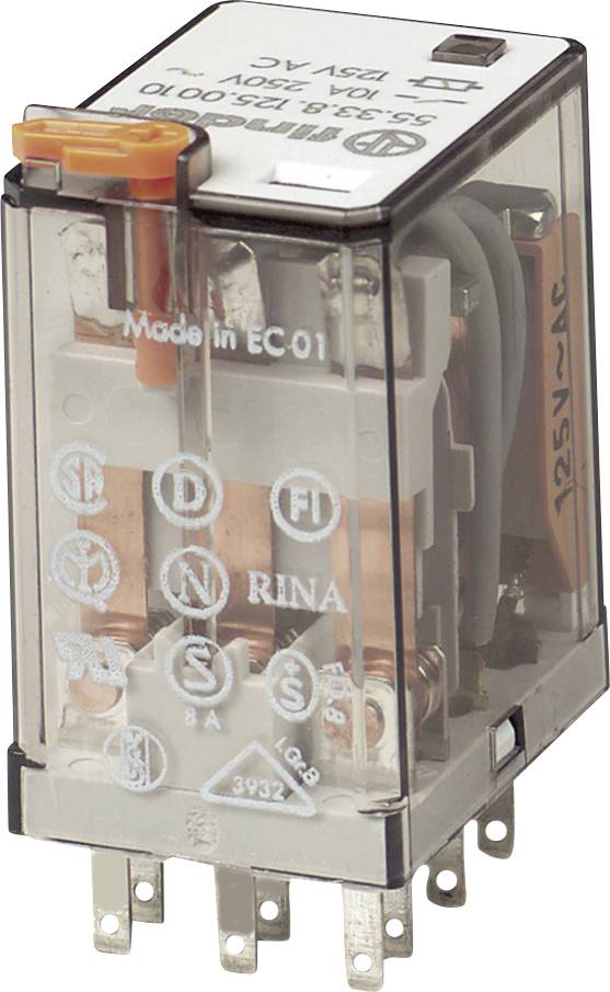 Un boîtier de relais transparent avec des bobines en cuivre et des contacts, portant l'inscription 'Made in EC01', tension 125V AC, et plusieurs marques de contrôle.