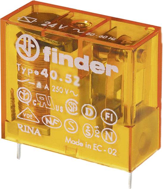 Un relais jaune portant l'inscription 'finder Type 40.52', avec une tension de 24V AC/DC, et divers logos de certification.