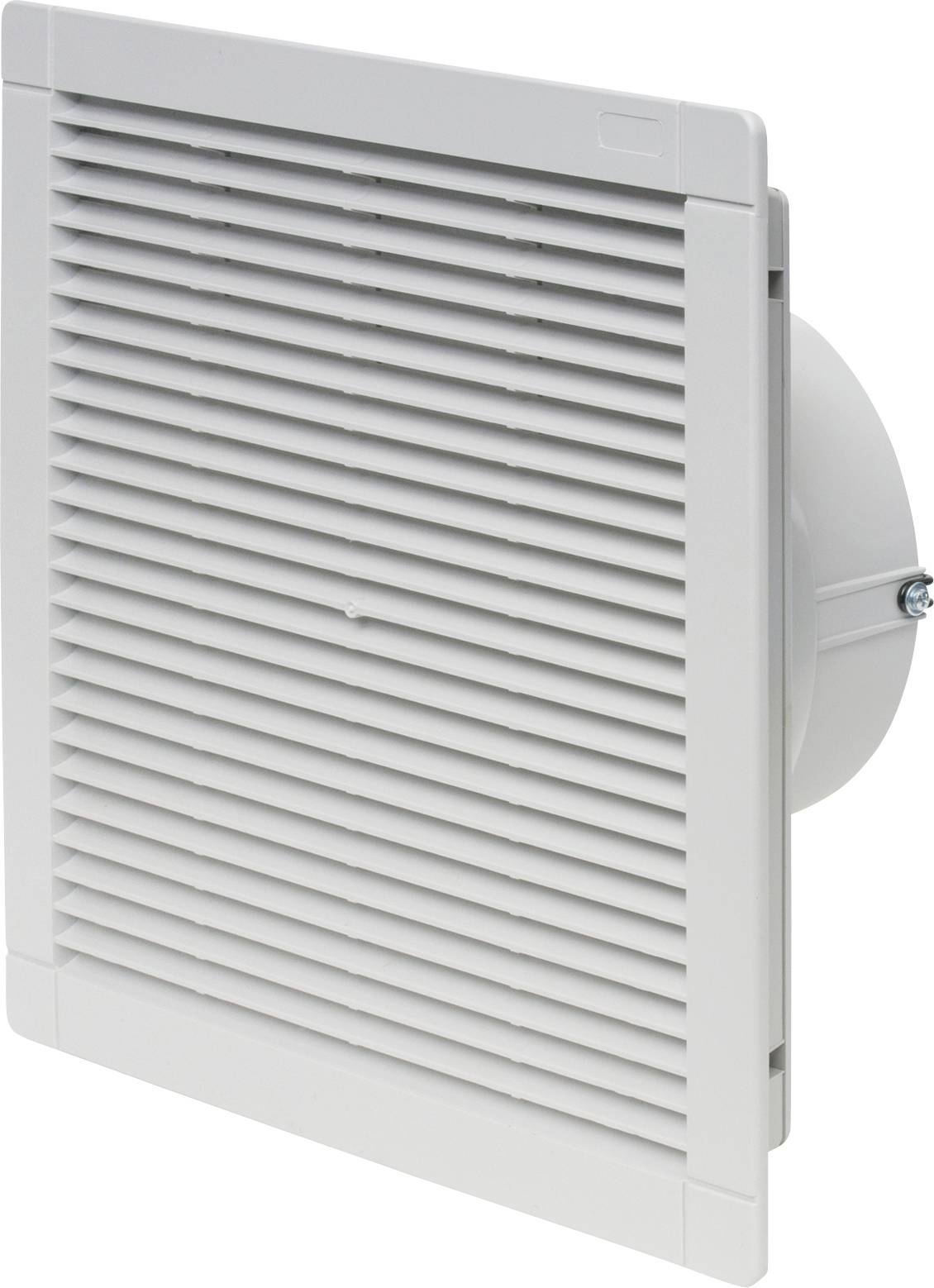 Couvercle de ventilation rectangulaire blanc avec des lamelles horizontales sur un fond blanc.