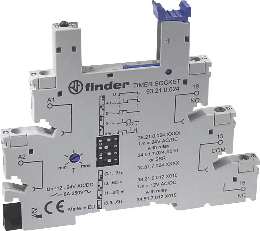 Module de relais temporisé électronique avec fonction minuterie. Adapté pour des tensions de 12–24V AC/DC. Nom de marque et détails techniques visibles.