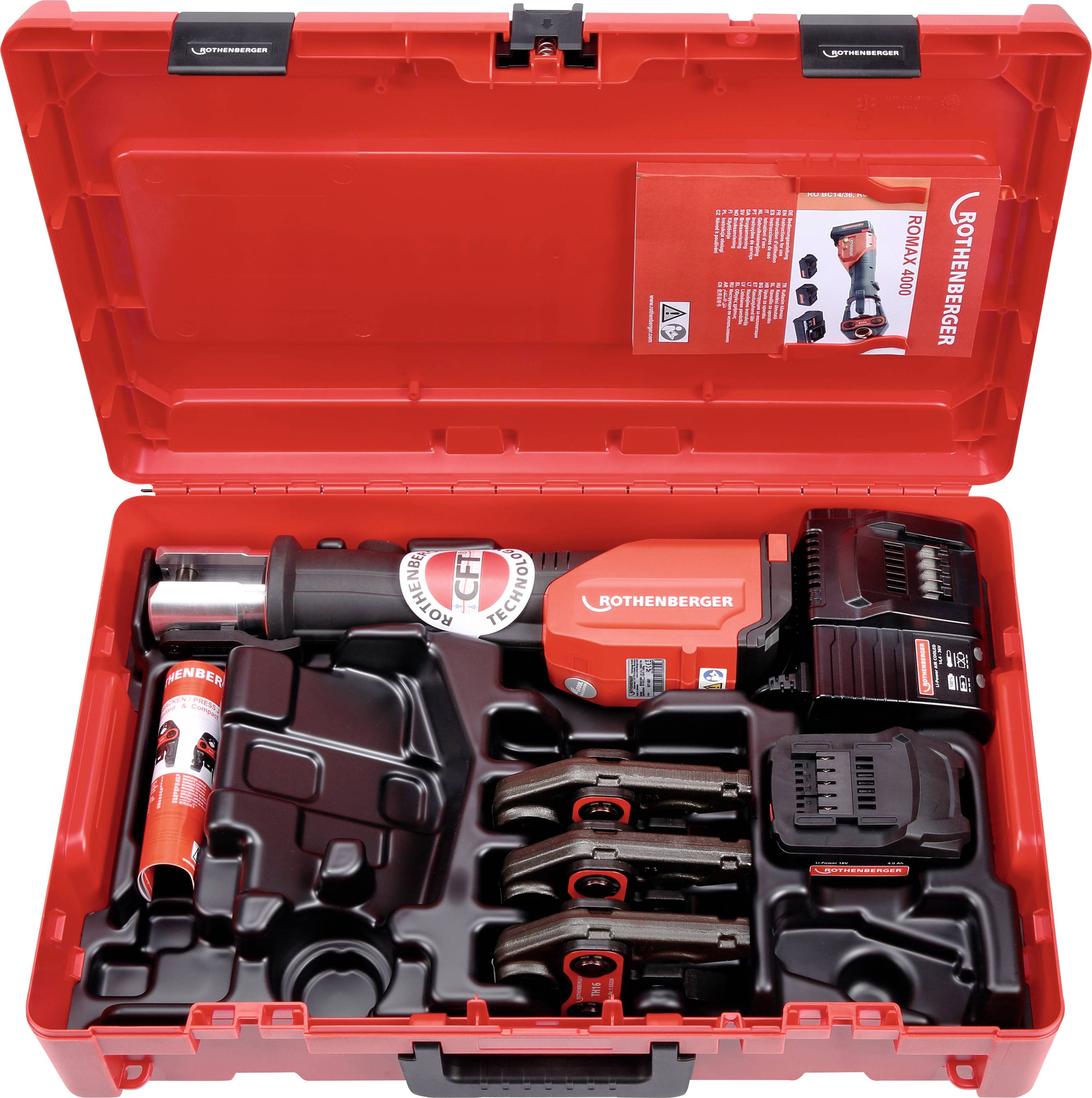 Coffret à outils rouge avec presse à poinçonner et accessoires. Comprend batterie, chargeur et compartiments de rangement.