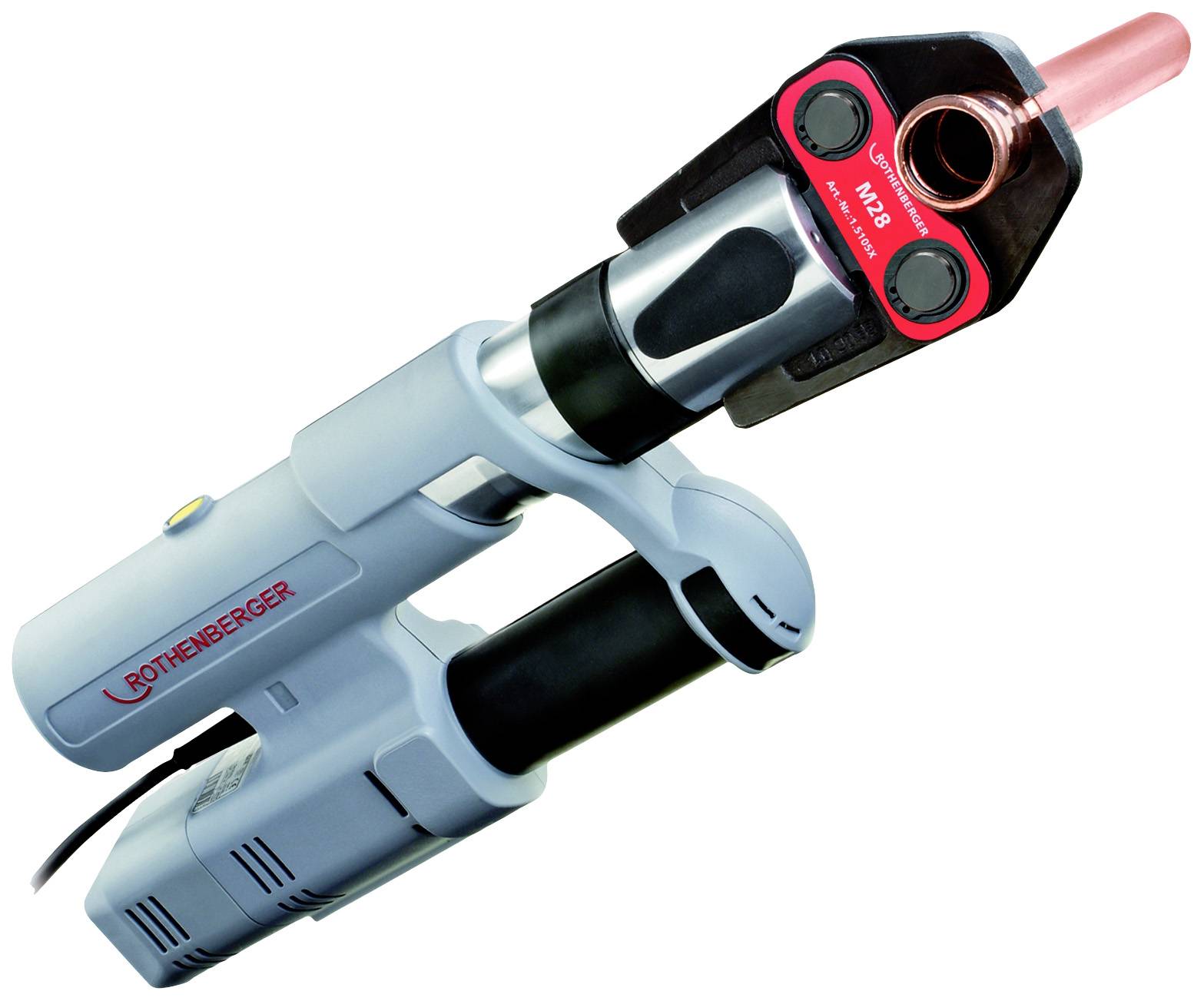 Une pince à sertir avec une poignée grise et des détails rouges, utilisée pour raccorder des tuyaux dans les techniques d'installation.