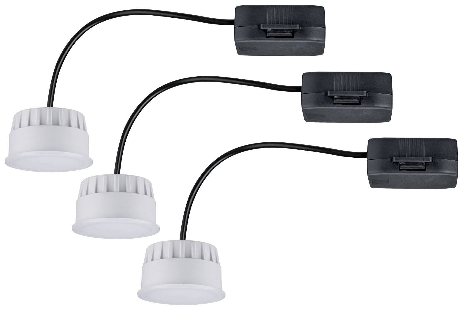 Trois lampes de lecture blanches avec bras flexible et socle noir, montées côte à côte et dirigées vers le bas.