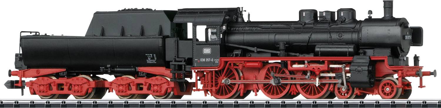 Une locomotive à vapeur noire avec des roues rouges est arrêtée sur une voie ferrée. Elle possède une grande cheminée et de nombreux détails visibles.