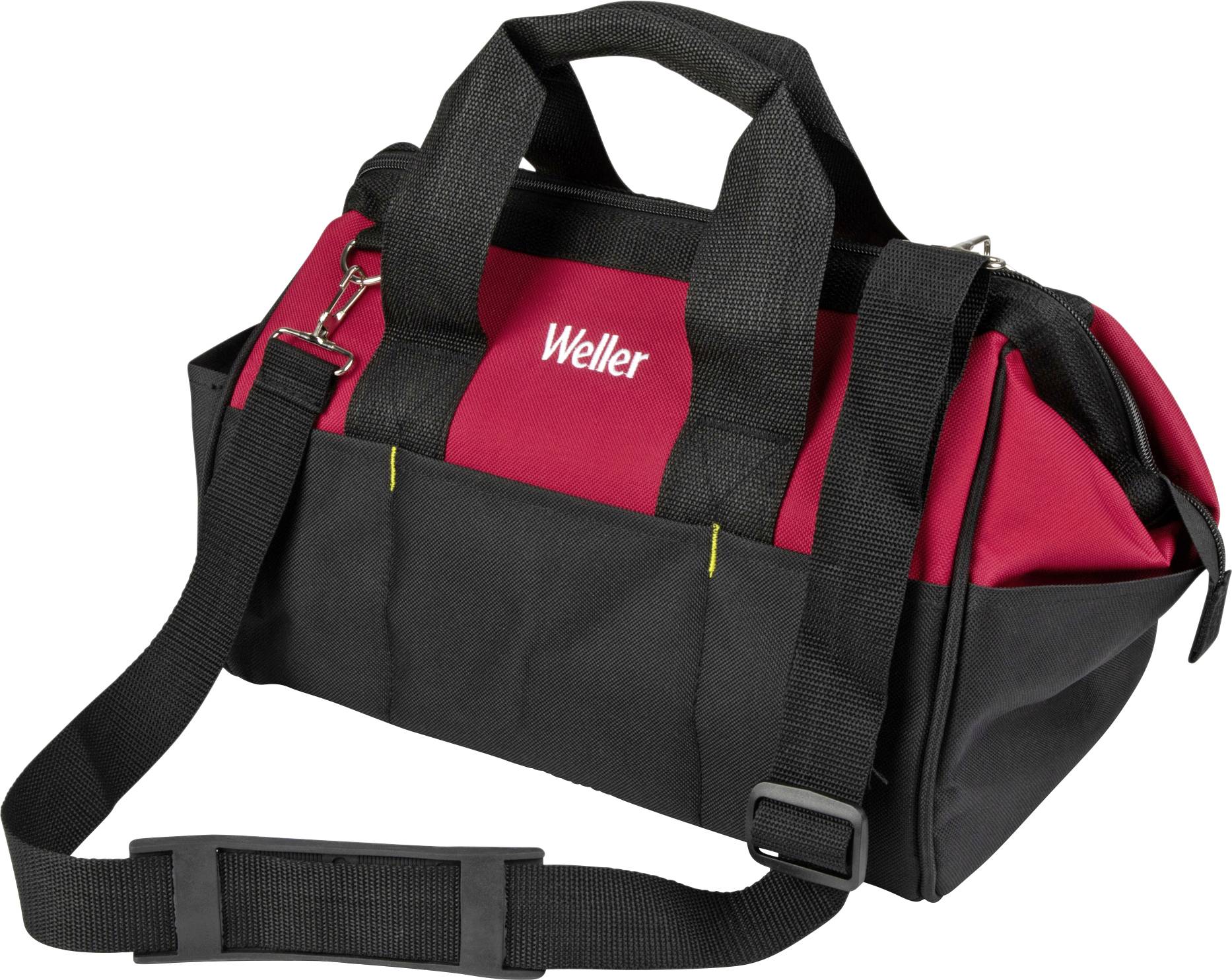 Sac à outils noir et rouge avec poignée et inscription 'Weller'. Design avec sangle d'épaule réglable.