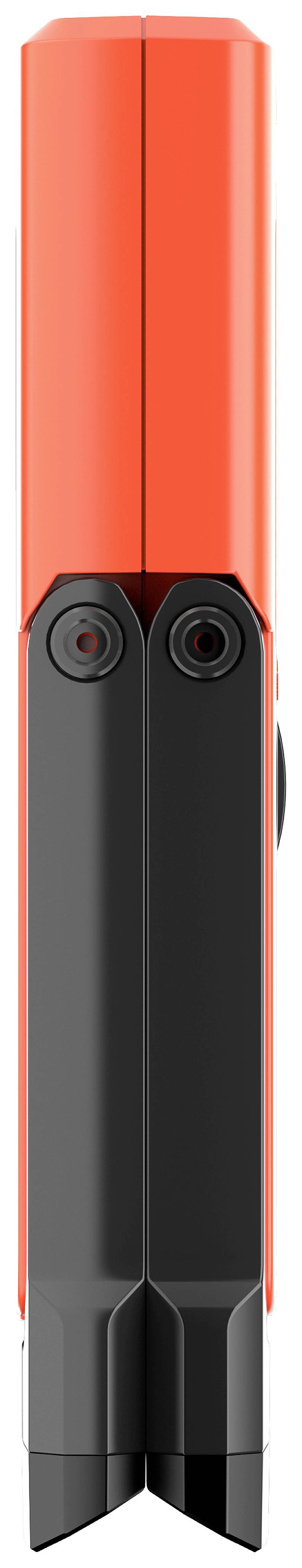 Appareil électronique rouge et noir avec deux boutons, ressemblant à un bloc-notes électronique ou un gadget portable.