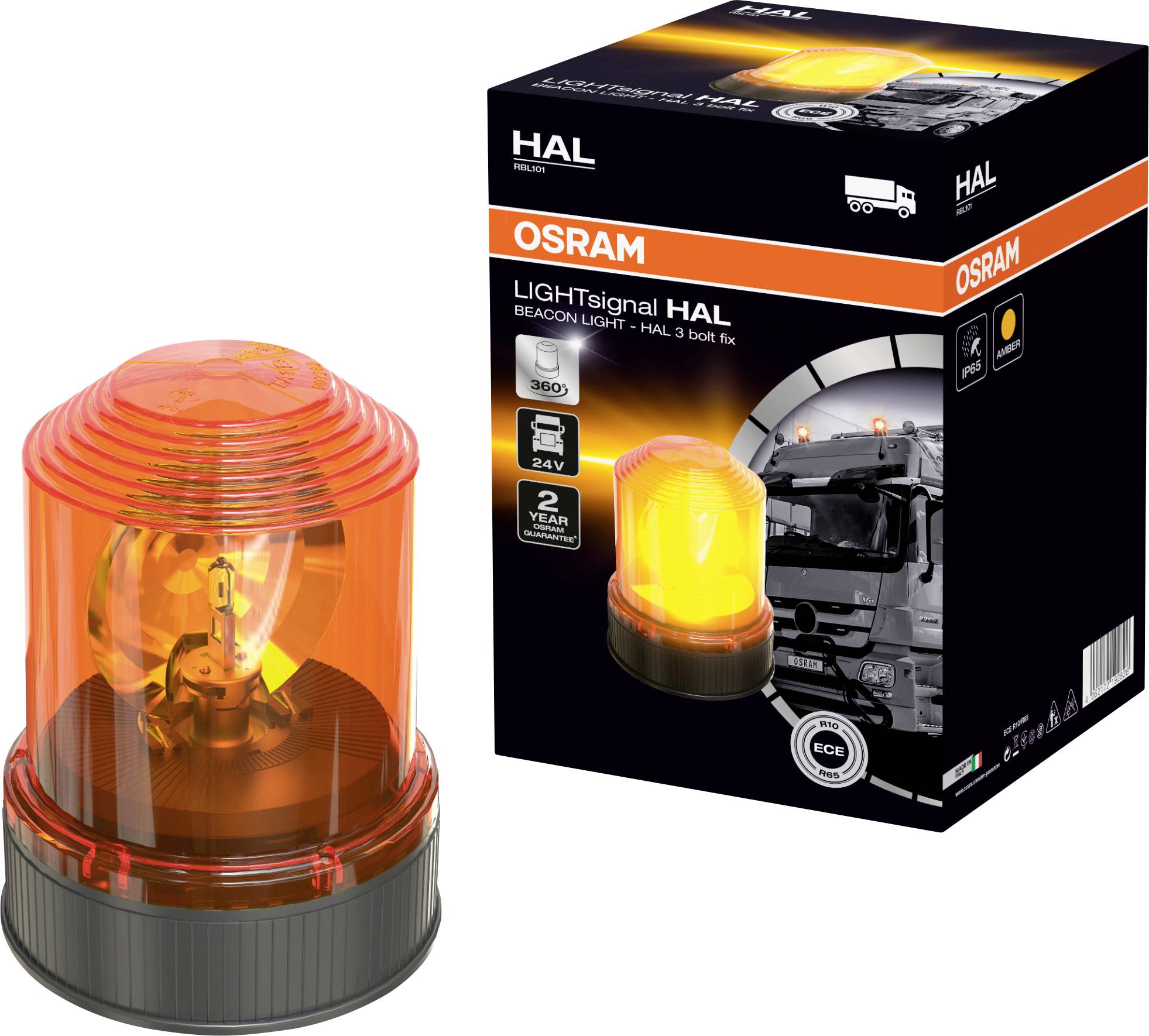 Signal lumineux orange 360° 'LIGHtsignal HAL' d'OSRAM, montrant l'emballage du produit et le luminaire, adapté aux véhicules, 24V, homologué ECE.