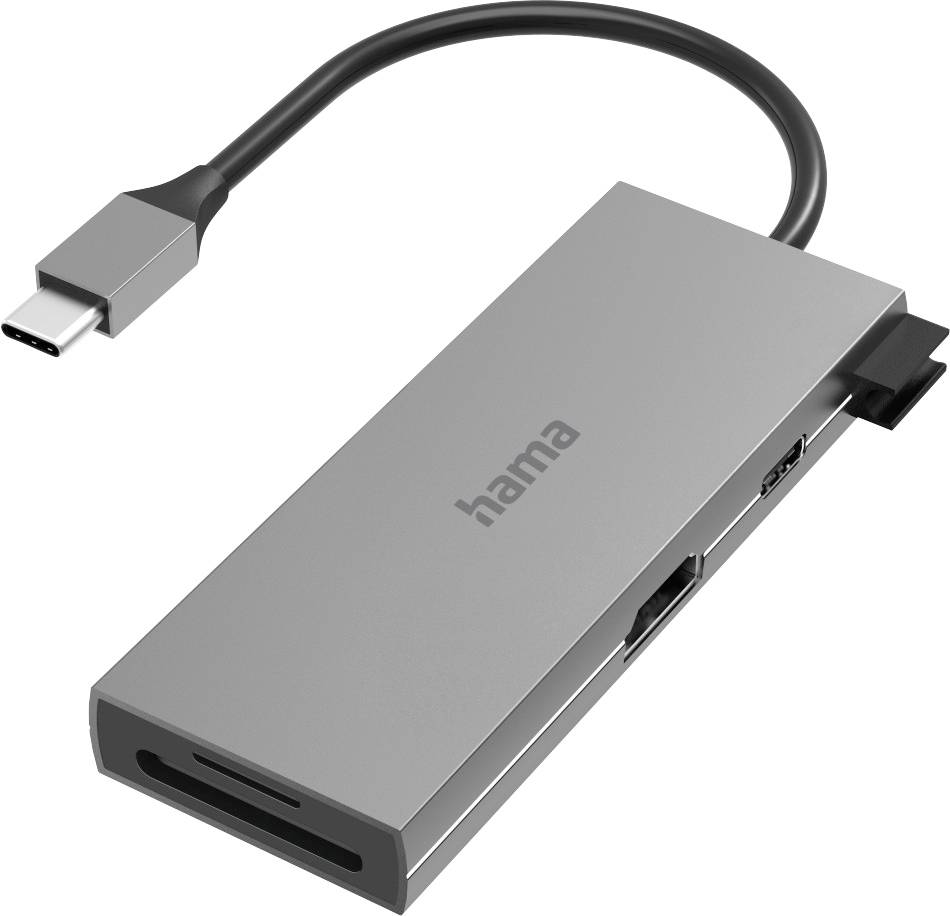 Hub USB-C multiports avec plusieurs connexions, comprenant USB, HDMI et lecteur de cartes, offrant des possibilités de connexion polyvalentes pour les appareils.