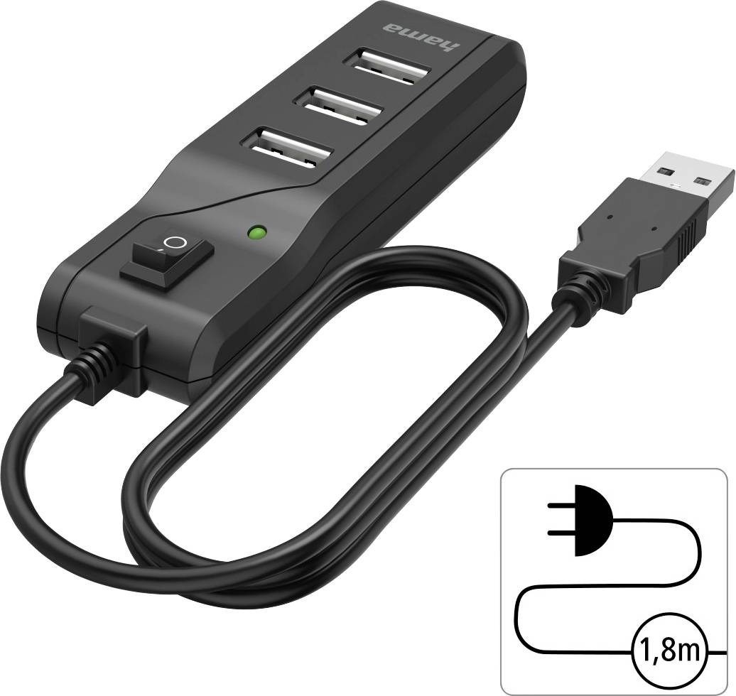 Hub USB à quatre ports avec interrupteur marche/arrêt. Design noir, voyant LED et câble de 1,8 m. Marque visible sur le dessus.