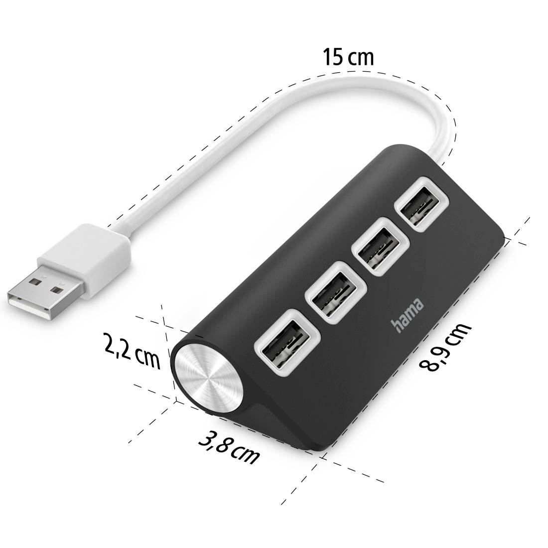 Hub USB avec 4 ports, boîtier noir, câbles blancs, dimensions : câble de 15 cm, largeur de 3,8 cm, hauteur de 2,2 cm, longueur de 8,9 cm.