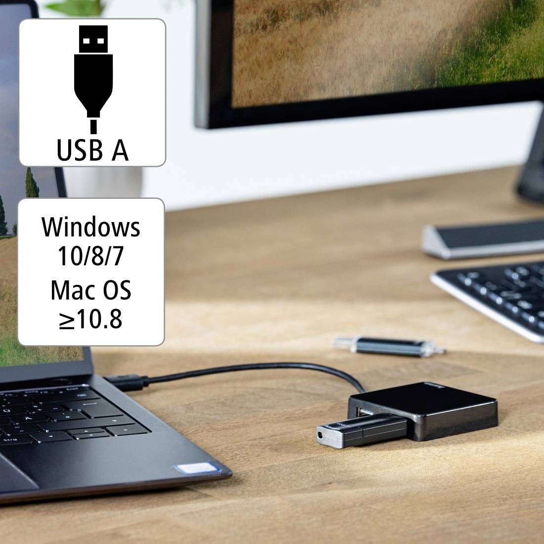 Ordinateur portable sur une table en bois connecté à un lecteur externe via un câble USB-A. Texte : 'Windows 10/8/7, Mac OS 8.6 ou supérieur'.