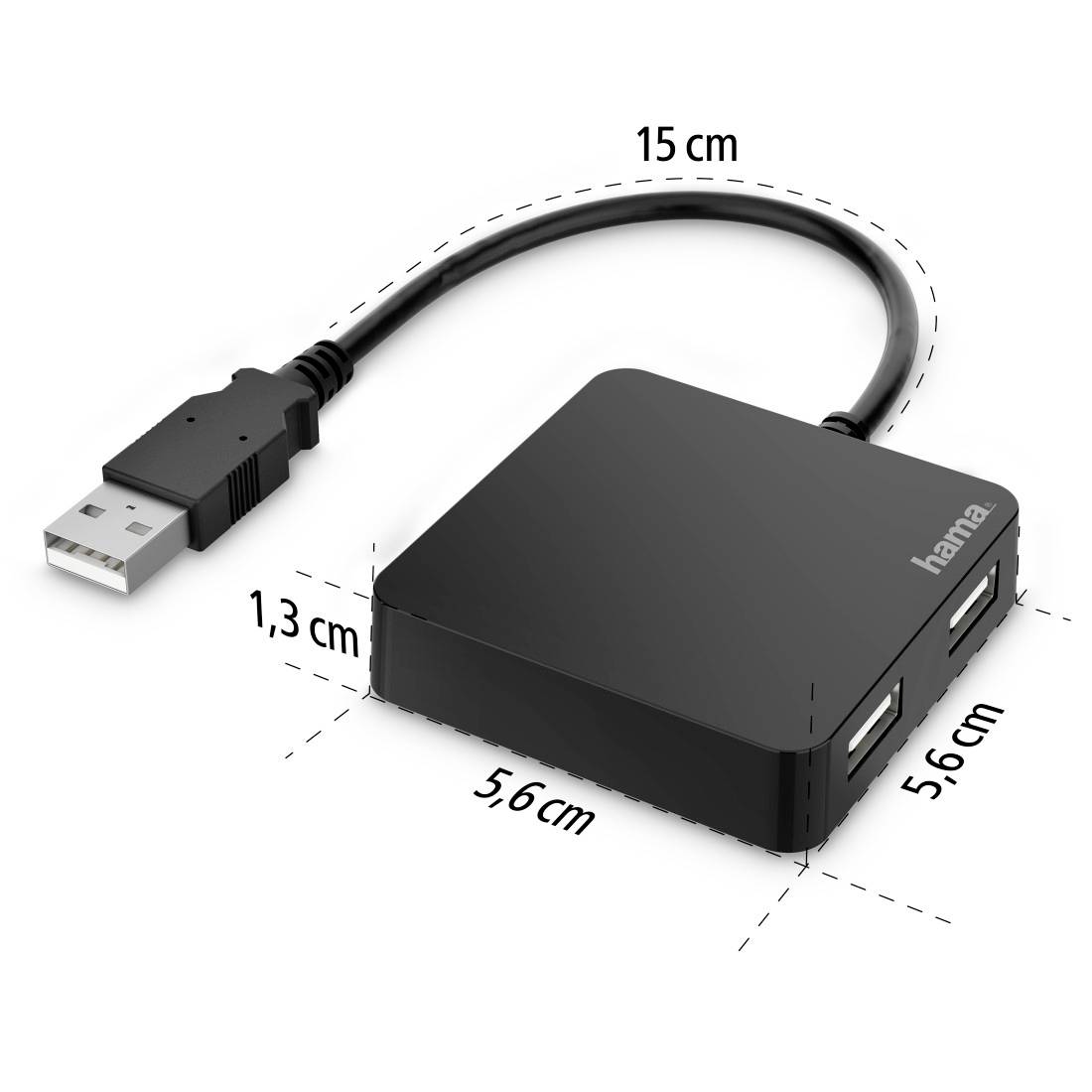 Hub USB à quatre ports dans un design carré et noir. Dimensions : câble de 15 cm, longueur de côté de 5,6 cm, hauteur de 1,3 cm.