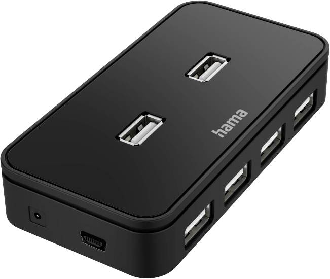 Hub USB noir à six ports de la marque 'hama'. Idéal pour étendre les possibilités de connexion USB d'un ordinateur.