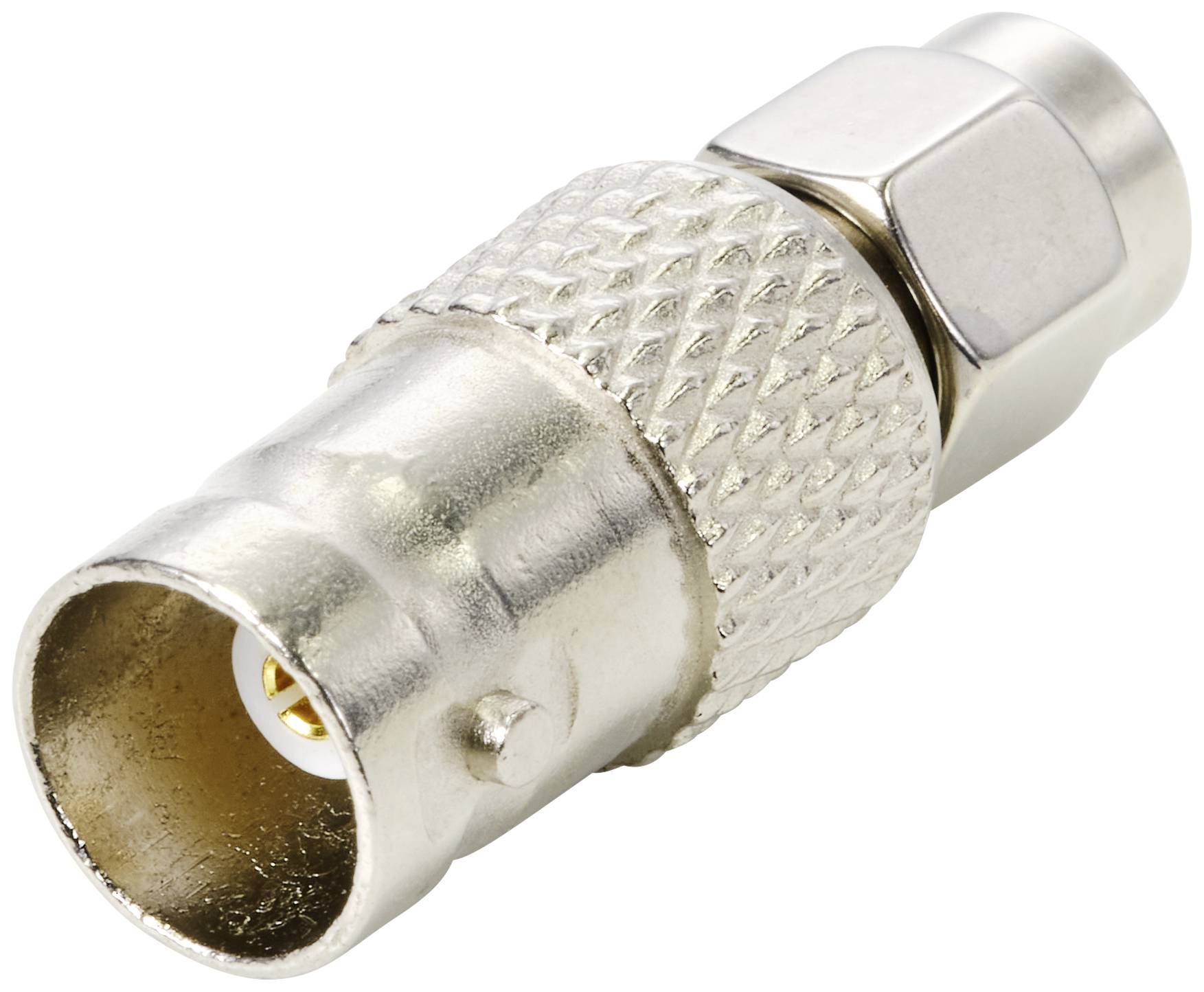 Un connecteur coaxial argenté à surface striée et filetage métallique, adapté aux connexions de câbles en électronique.