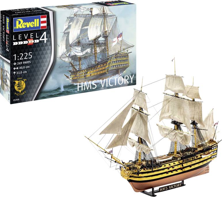 Maquette de la 'HMS Victory' de Revell à l'échelle 1:225, présentant le modèle du navire historique à voiles avec des voiles et des mâts détaillés.