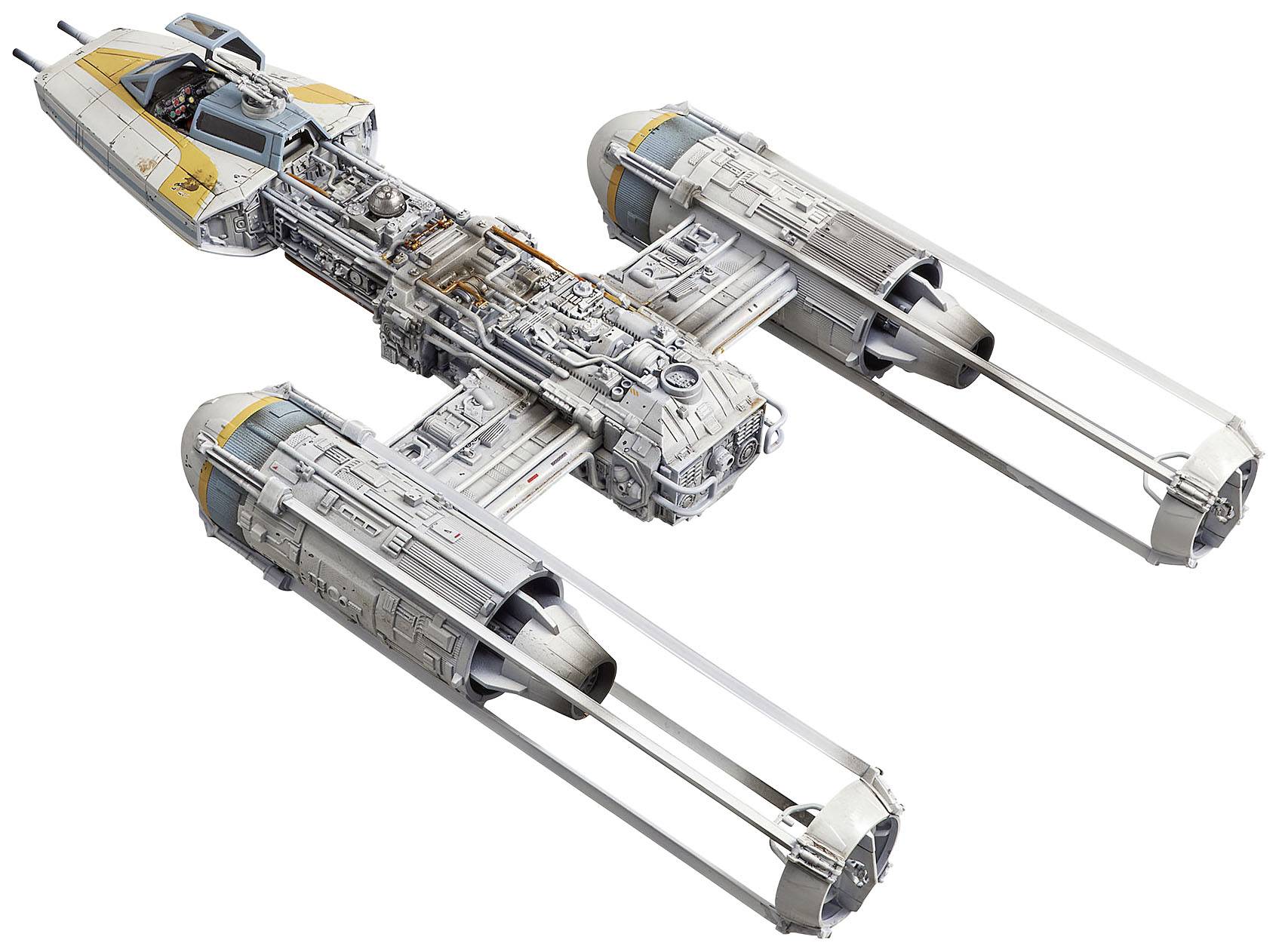 Un vaisseau spatial avec deux longues ailes et une structure technique complexe, connu d'une franchise de science-fiction.