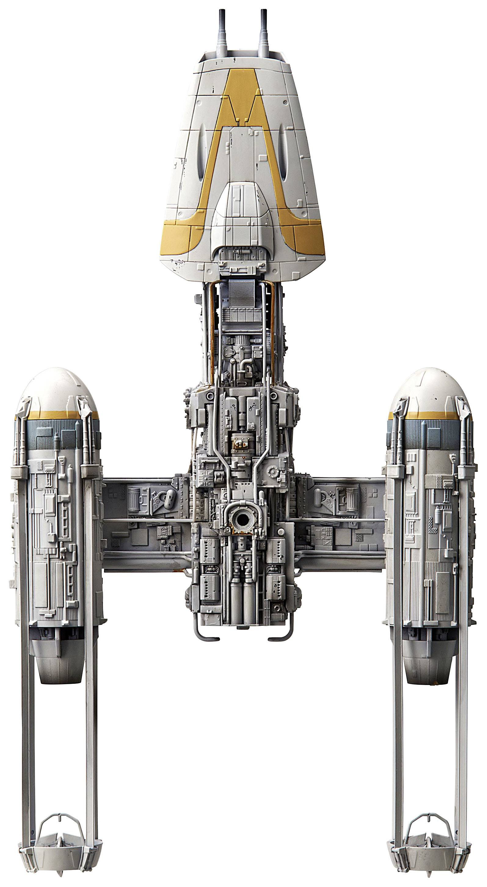 Un vaisseau spatial futuriste au fuselage vertical et doté de deux propulseurs latéraux imposants. Il présente un design technique et minutieux.